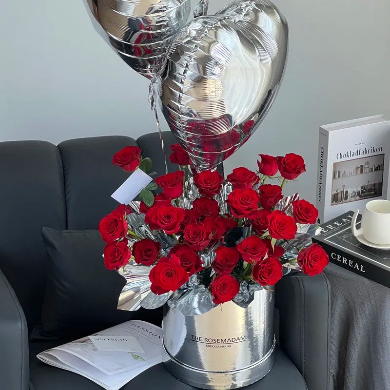 【三生三世】33枝紅玫瑰混搭飄空氣球鮮花桶