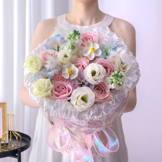 小美好|粉雪山玫瑰粉色波浪桔梗混搭鮮花束