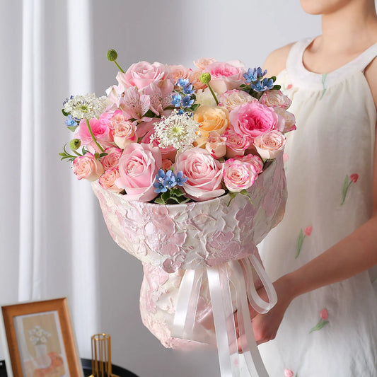 遇見美好|粉玫瑰香檳玫瑰洛神玫瑰鬱金香混搭鮮花束