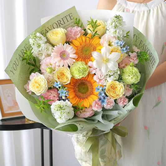 夏日狂歡|向日葵奶油杯鬱金香混搭鮮花束