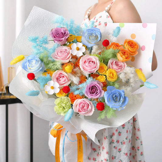 彩虹花集|粉雪山紫玫瑰碎冰藍橙玫瑰混搭鮮花束