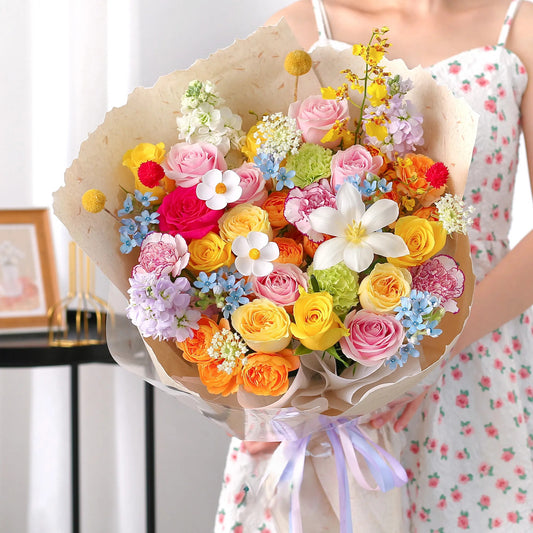 悅心交響|粉玫瑰黃玫瑰橙玫瑰鬱金香混搭鮮花束