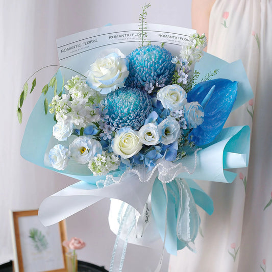秘境花園|碎冰藍玫瑰牡丹菊混搭鮮花束