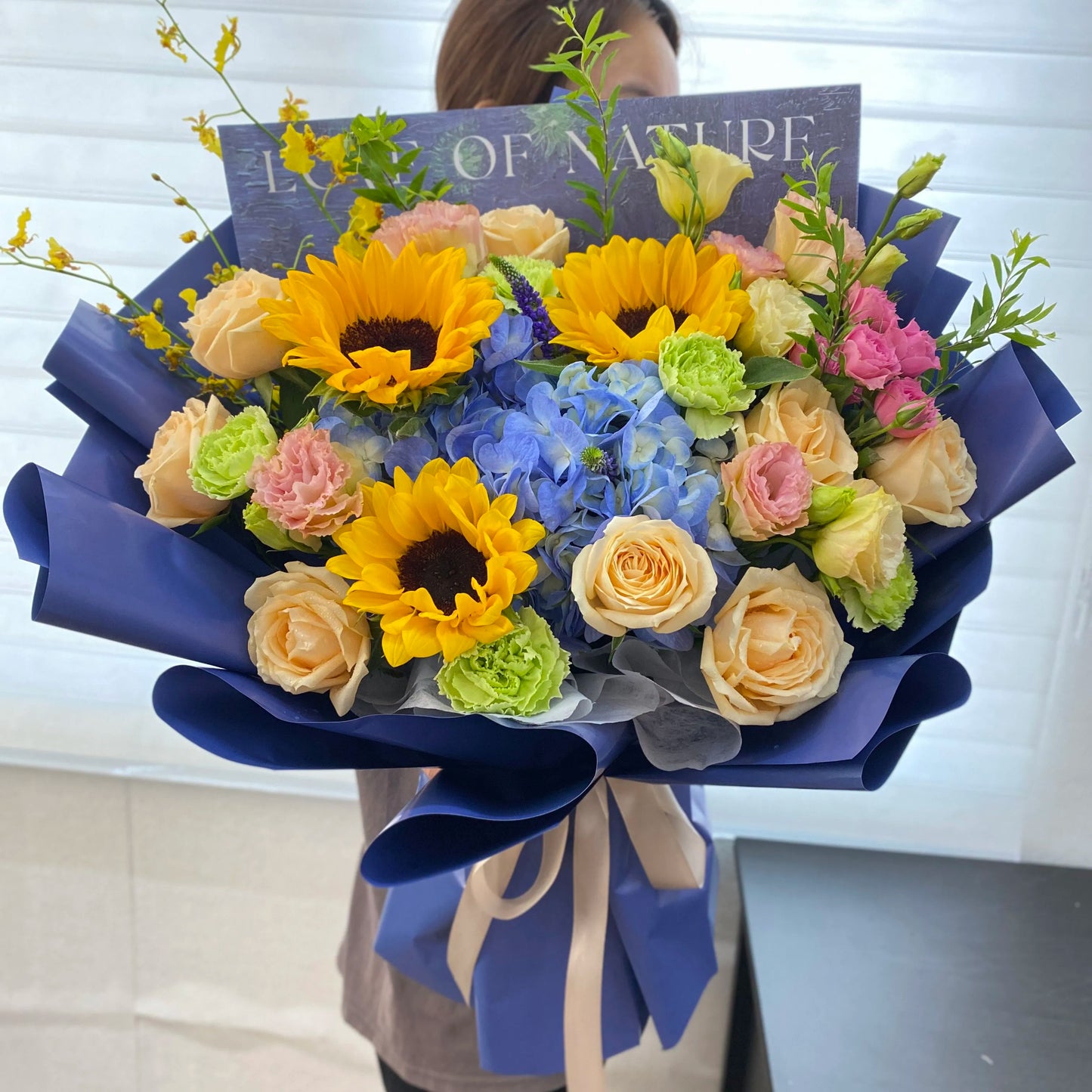 向日葵繡球康乃馨混搭鮮花束|大花束
