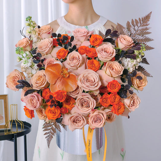 漫野序秋|卡布奇諾橙泡泡白羅蘭混搭鮮花桶