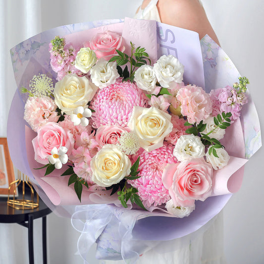花有朝氣|粉牡丹菊粉雪山白玫瑰混搭鮮花束
