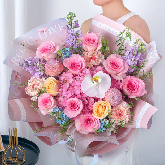 洛神霓裳玫瑰粉繡球混搭鮮花束|清新雅調