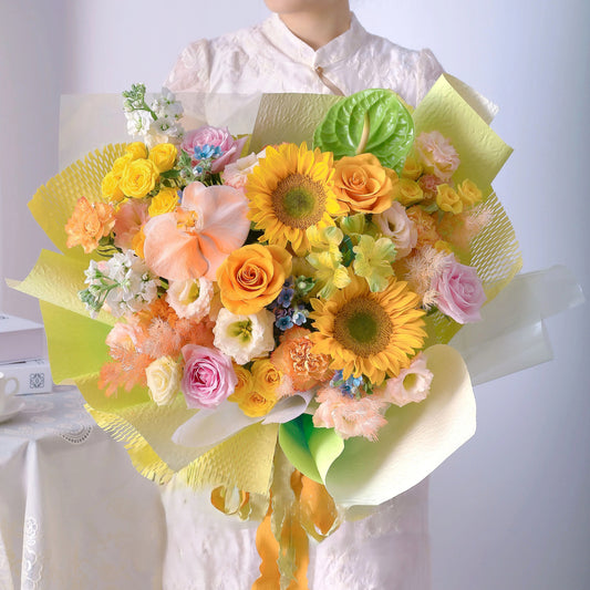 【陽光如你】向日葵粉雪山混搭鮮花束