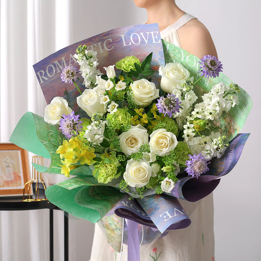 清風自來|白玫瑰水仙康乃馨混搭鮮花束