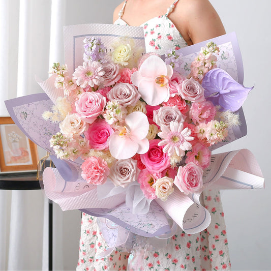 愛麗絲之夢|洛神粉雪山曼塔玫瑰雪混搭鮮花束