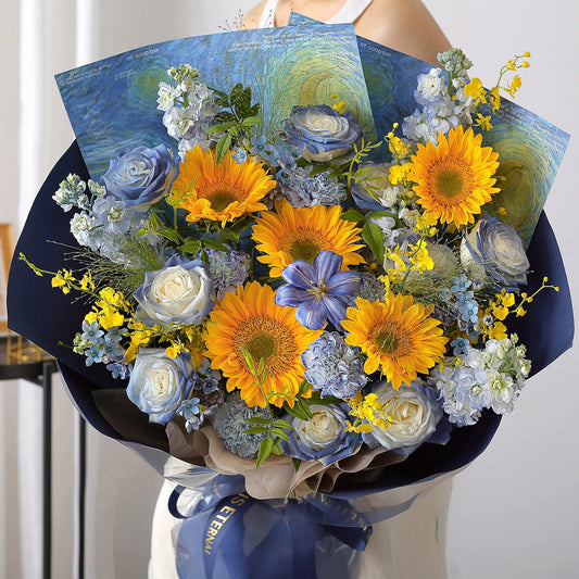 梵高星空|向日葵碎冰藍鬱金香混搭鮮花束