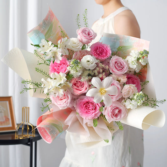 桃粉佳人|粉雪山洛神玫瑰鬱金香混搭鮮花束