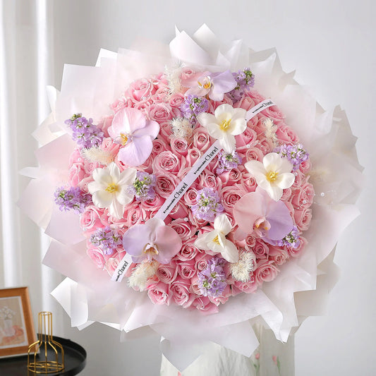 愛的禮物|粉雪山鬱金香蝴蝶蘭混搭鮮花束