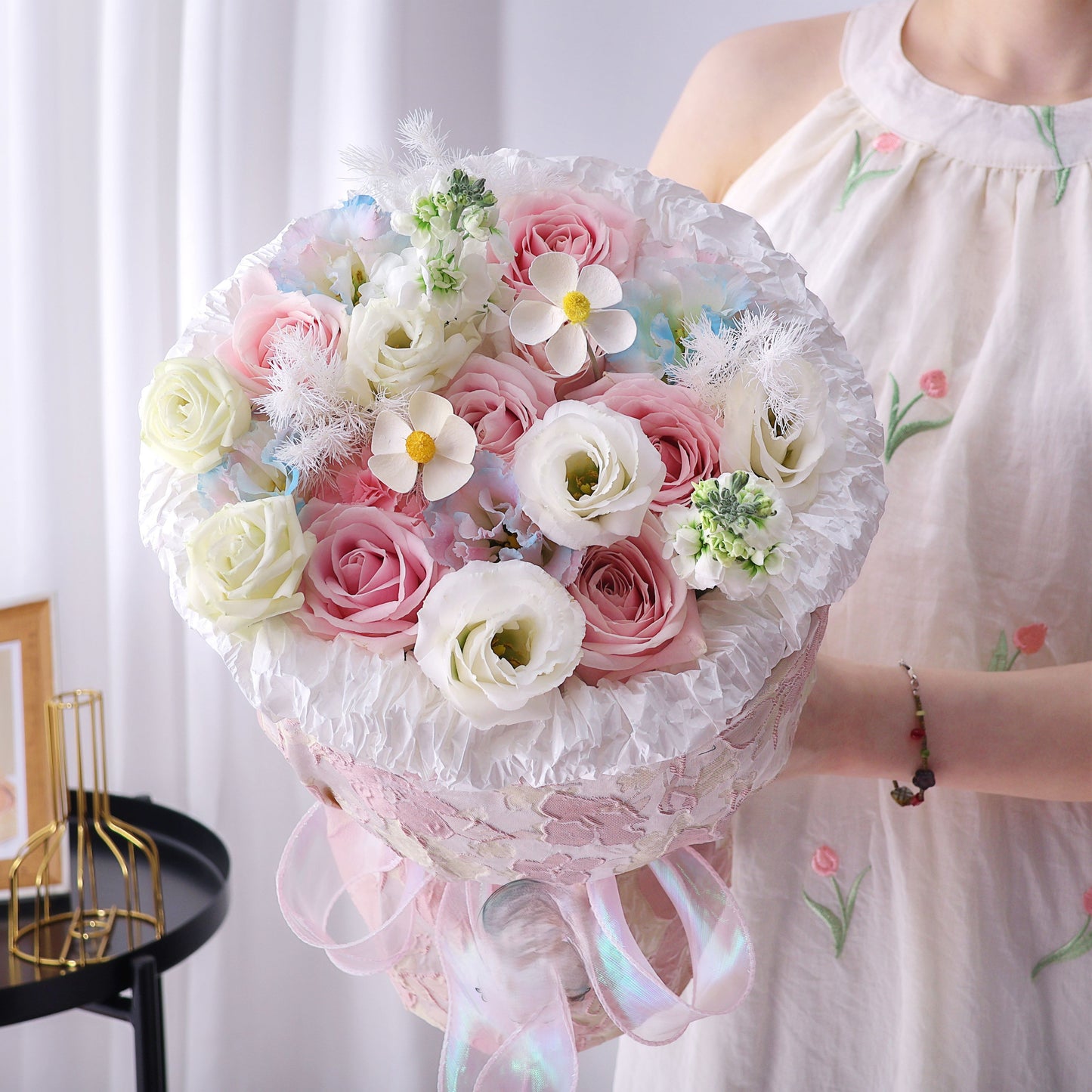 小美好|粉雪山玫瑰粉色波浪桔梗混搭鮮花束