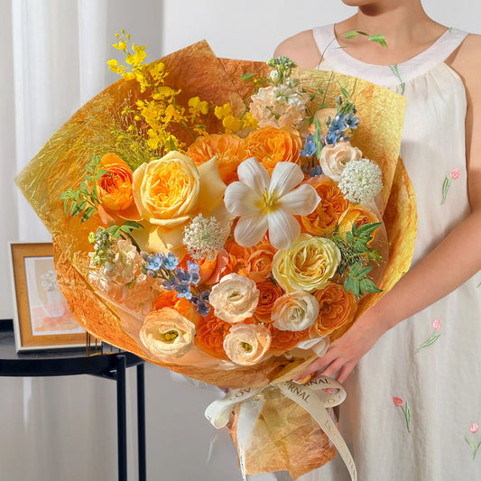 橘子汽水|奶油杯果汁泡泡鬱金香混搭鮮花束