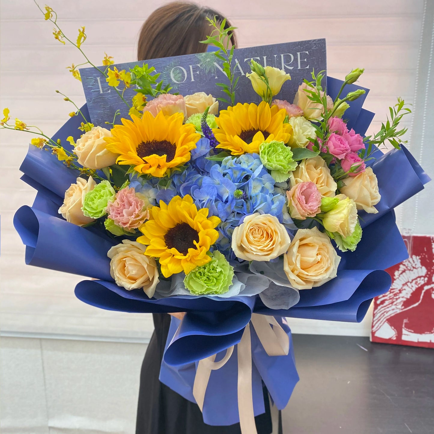 向日葵繡球康乃馨混搭鮮花束|大花束