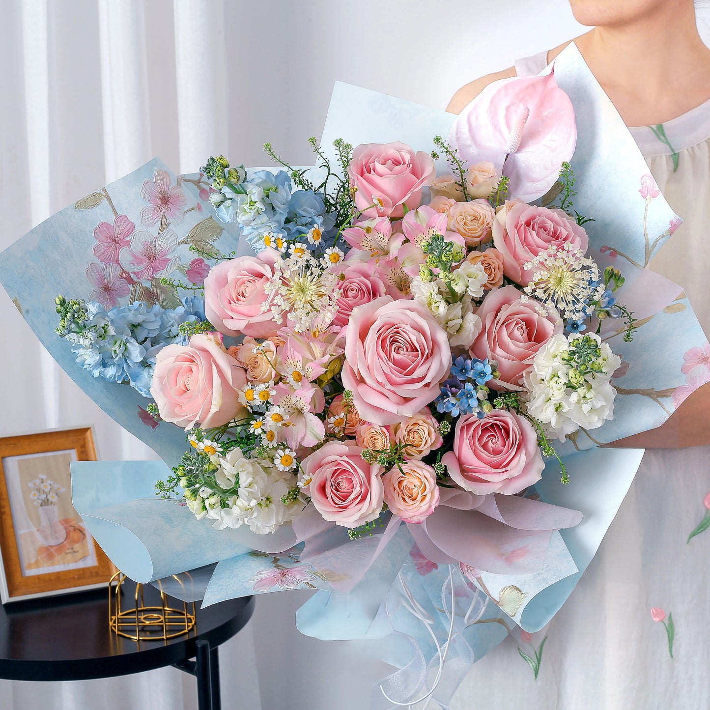 粉霧星吻|粉雪山粉水仙百合折射玫瑰混搭鮮花束