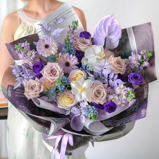 曼塔繡球鬱金香混搭花束|薄霧紫