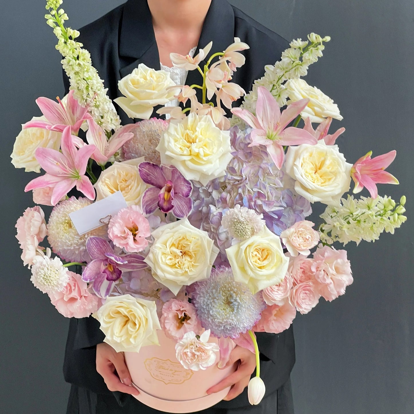 【朦朧花園】白玫瑰繡球高級混搭鮮花桶