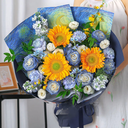 梵高星空|向日葵碎冰藍鬱金香混搭鮮花束